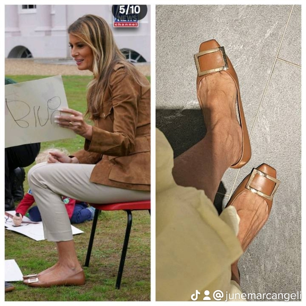 Roger Vivier Tan Leather Flats with Gold Buckle